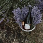 Copas de espumoso junto a una botella en un viñedo al atardecer