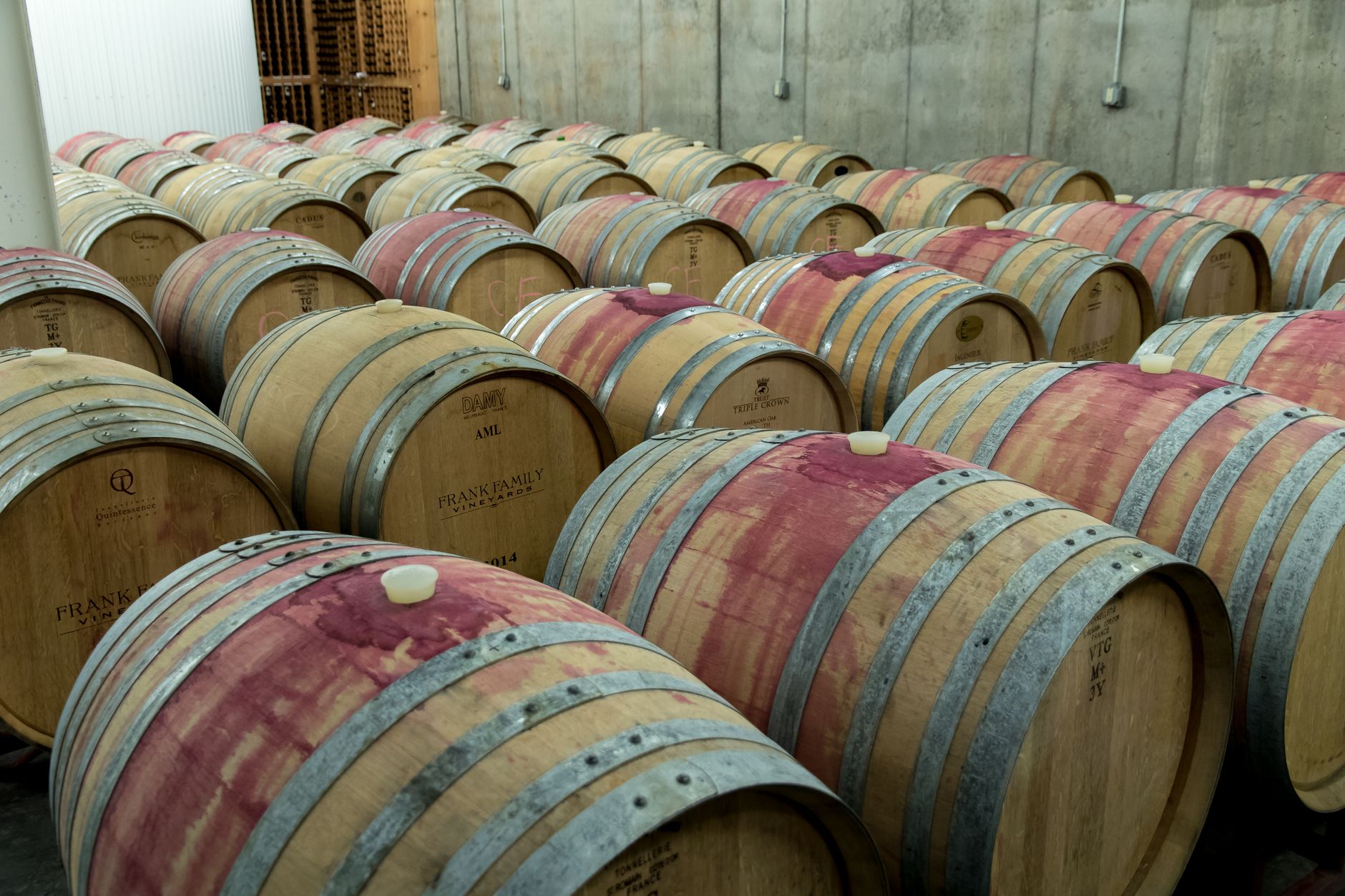 Hilera de barricas de roble en una bodega subterránea donde envejece el vino