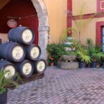Hilera de botas de roble en una bodega del Marco de Jerez con copas de vino generoso
