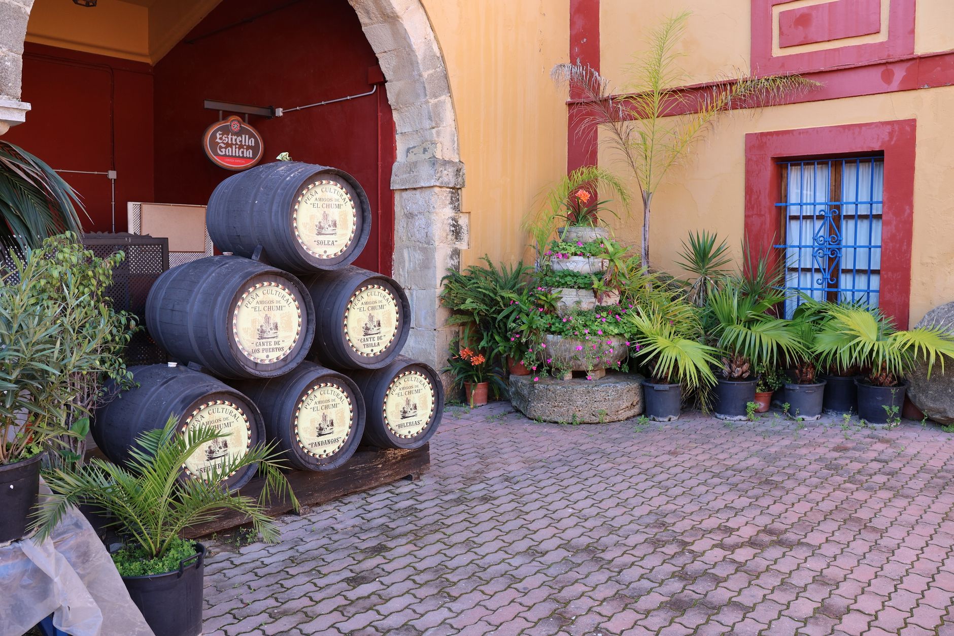 Hilera de botas de roble en una bodega del Marco de Jerez con copas de vino generoso